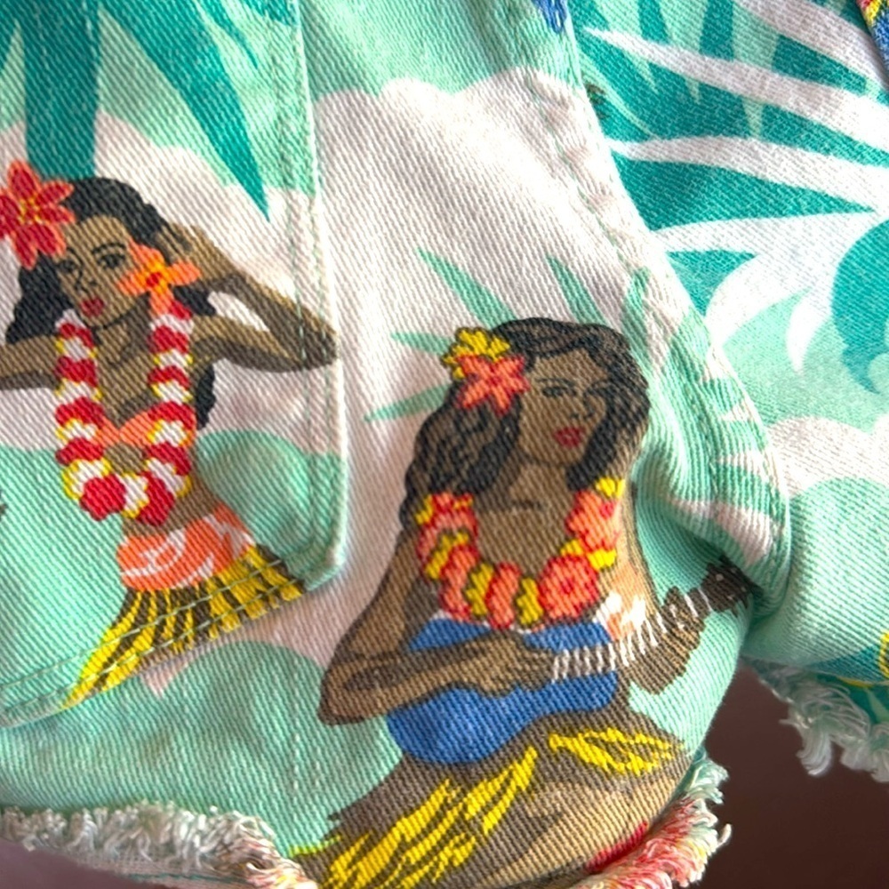 Roxy Tropical Print Jean Shorts - Green and Yellow - Picture 3 of 5